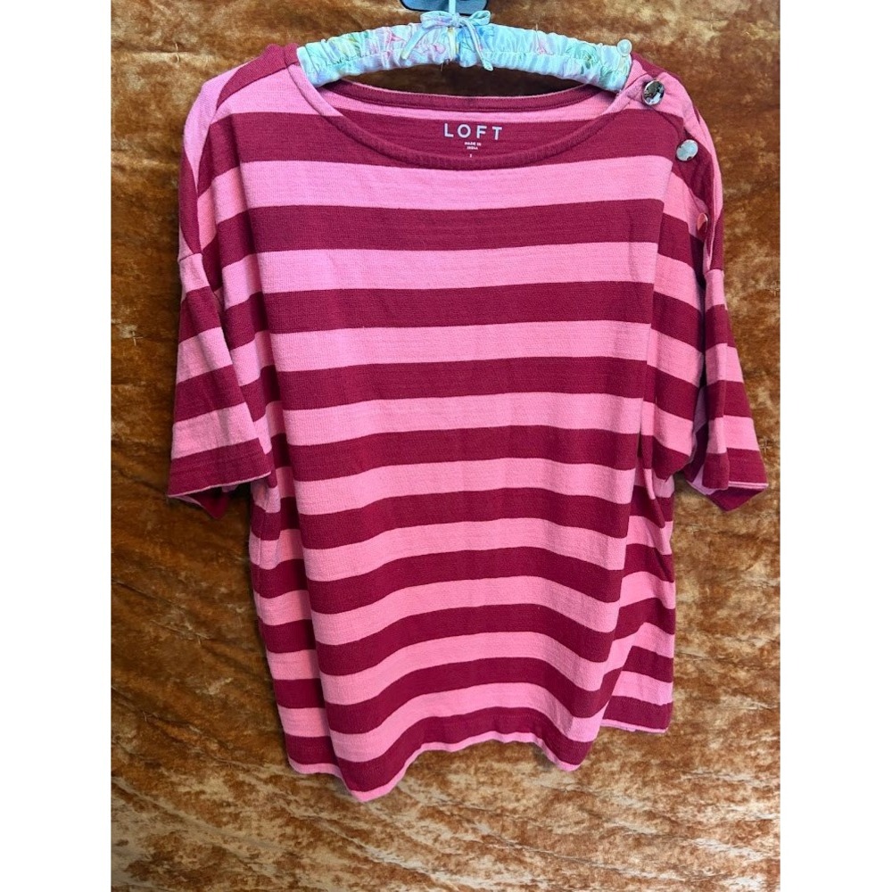 Loft Pink Burgundy Striped Boatneck Top Button Shoulder Short Sleeve Large